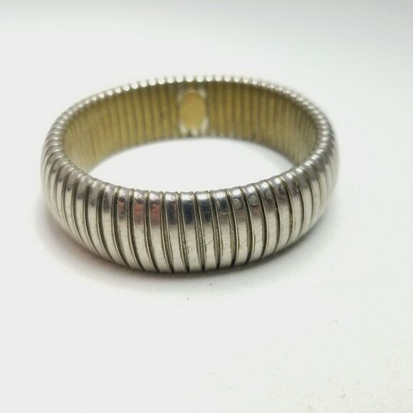 Vintage Silver Tone Ribbed Stretch Bangle Bracelet, Unisex Minimal Stacking - Picture 3 of 6